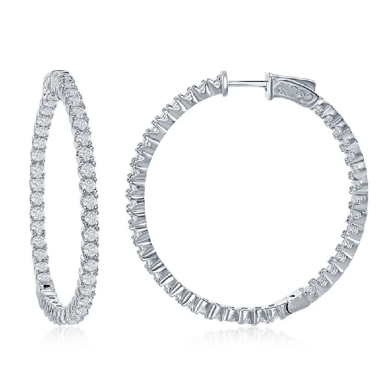 Large statement earrings for women -Sterling Silver 3x45mm Inside-Outside CZ Hoop Earrings