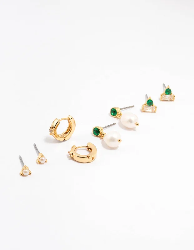 Luxury hoop earrings for women -Gold Plated Emerald Stone & Pearl Earrings 4-Pack