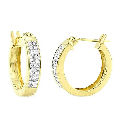 Crystal stud earrings for women -14KY 1.00CTW DIAMOND TWO ROW PRINCESS CUT HOOP