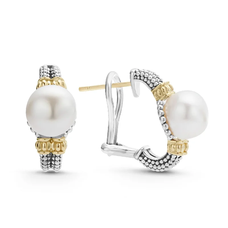 Vintage-inspired earrings for women -Luna Two-Tone Pearl Huggie Earrings