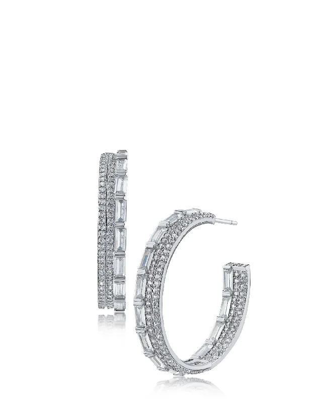 Statement drop earrings for women -Baguette and Pave Hoop Earrings