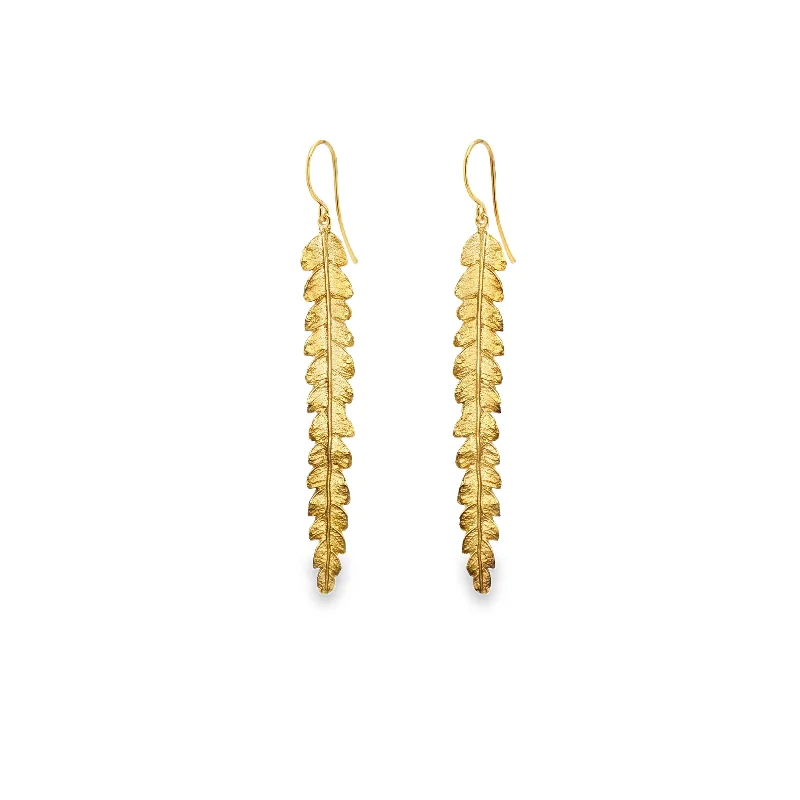 Custom earrings for women -Gold Long Fern Earrings