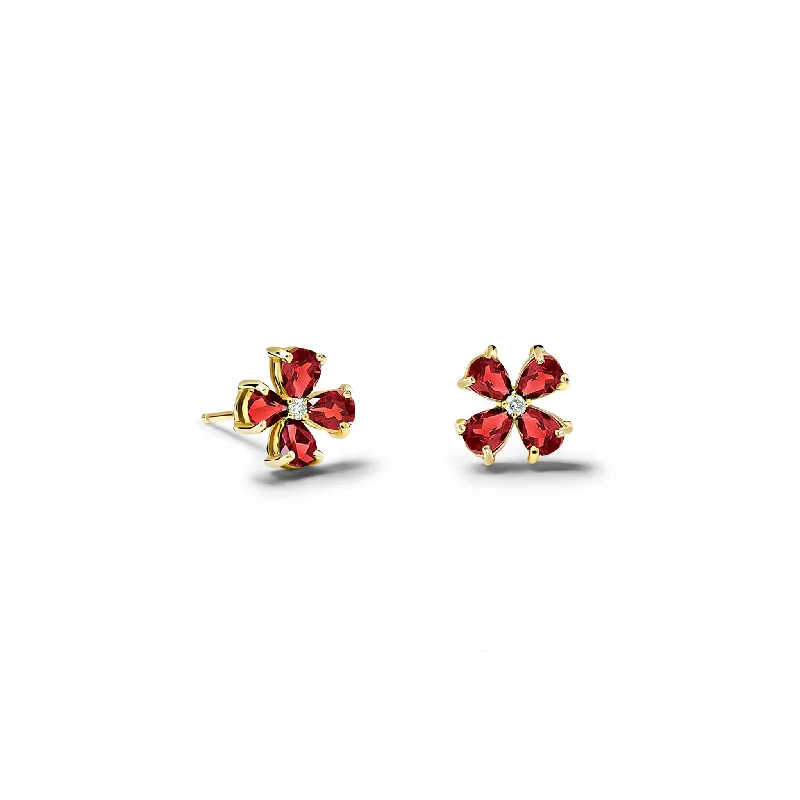 Dainty stud earrings for women -Klover Small Earrings Yellow Gold - Garnet & Diamond