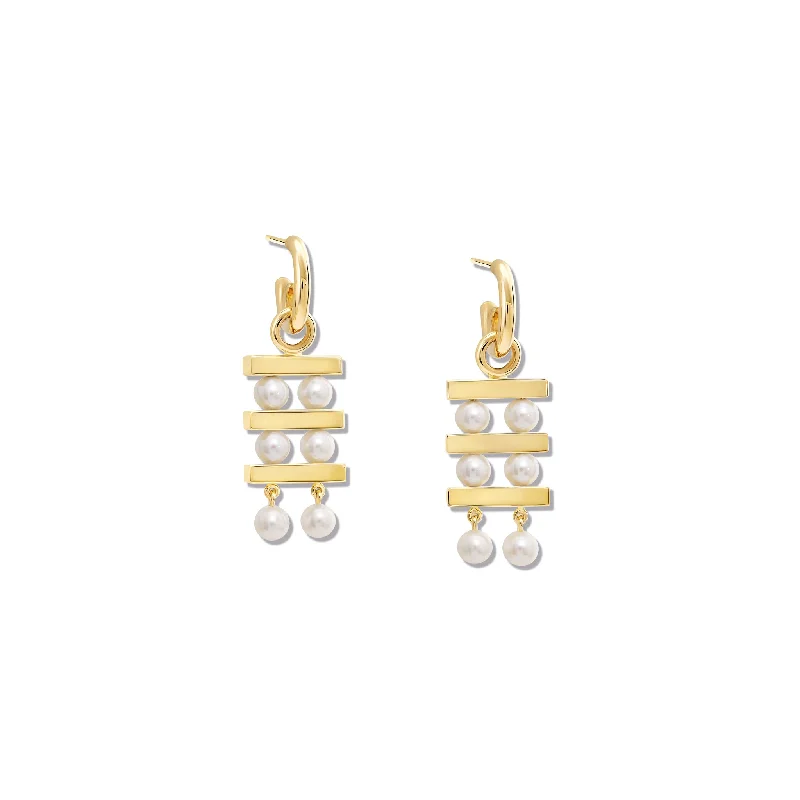 Sterling silver earrings for women -Couture Triple Earring Drops Yellow Gold - Pearl