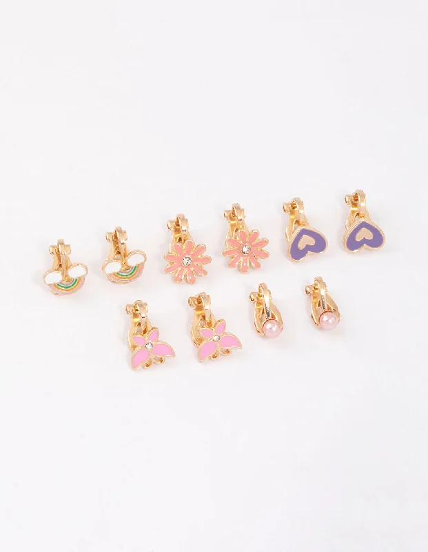 Statement earrings for women -Kids Pink Flower Clip On Stud Earrings 6-Pack