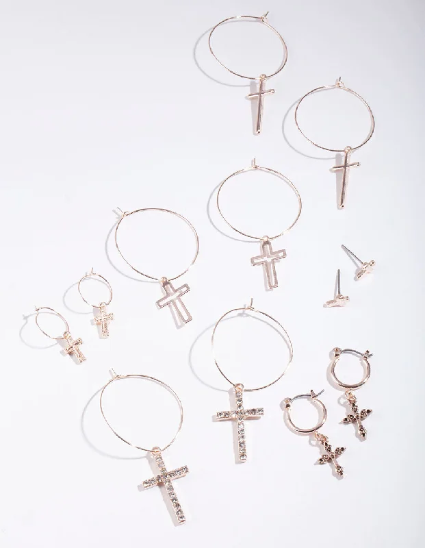 Large statement earrings for women -Rose Gold Cross Hoop Earring Pack