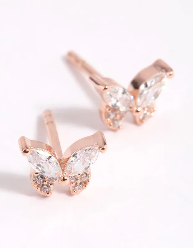 Luxury gold earrings for women -Rose Gold Plated Sterling Silver Cubic Zirconia Butterfly Stud Earrings