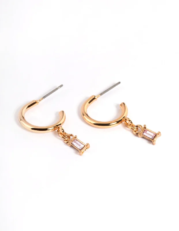 Classic gold earrings for women -Pink Stone Drop Huggie Earrings