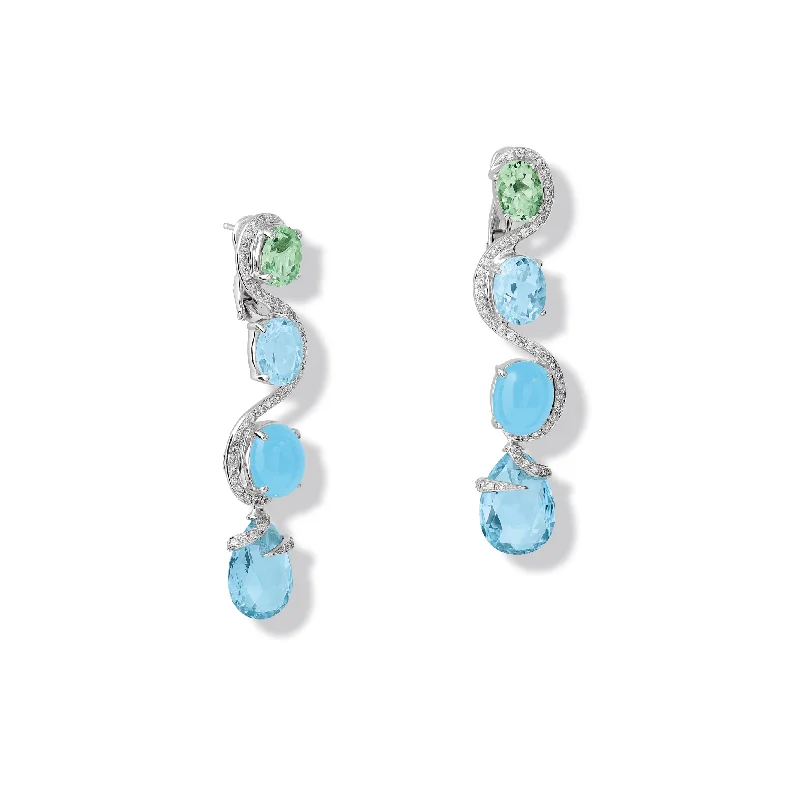 Long chain earrings for women -Shanghai Earrings 18ct White Gold - Green Beryl, Blue Topaz, Aquamarine, Prasiolite & Diamond