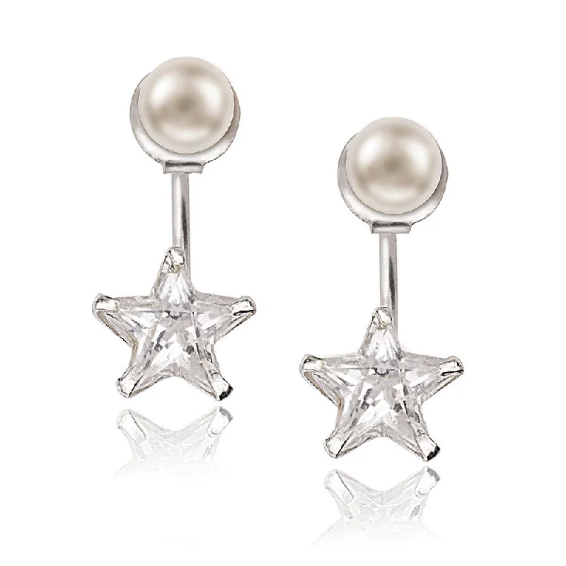 Trendy earrings for women -Sterling Silver 5mm Pearl Front with 9mm Star Shaped CZ Back Earrings