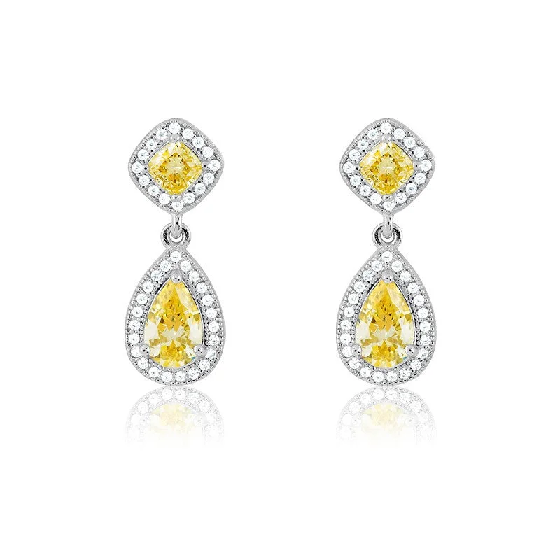 Gold stud earrings for women -Sterling Silver Micro Pave Teardrop With Yellow CZ Center and Sqaure on Top Earrings (80 stones)