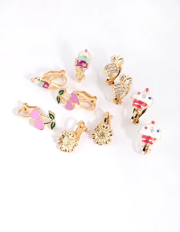 Dainty stud earrings for women -Gold Summer Vibes Clip On Earring 5-Pack