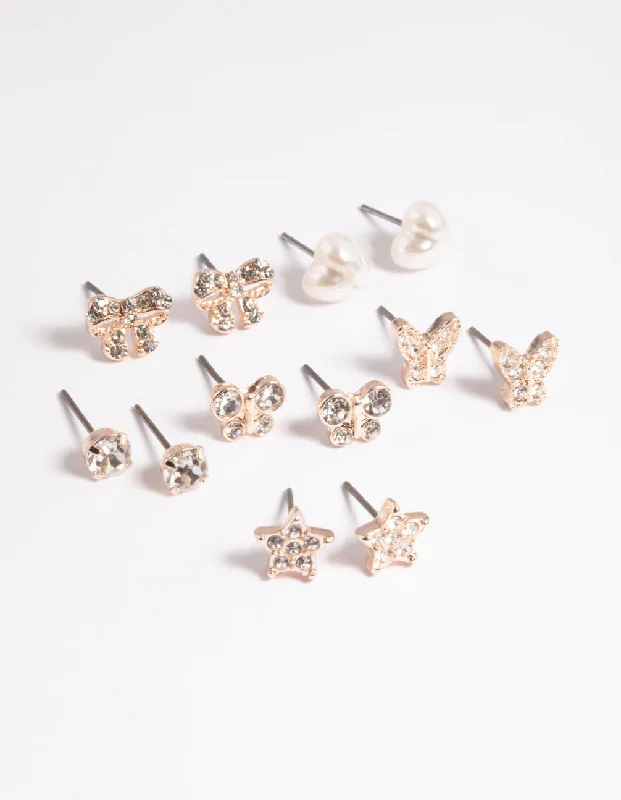 Personalized gemstone earrings for women -Kids Rose Gold Diamante Butterfly Stud 6-Pack