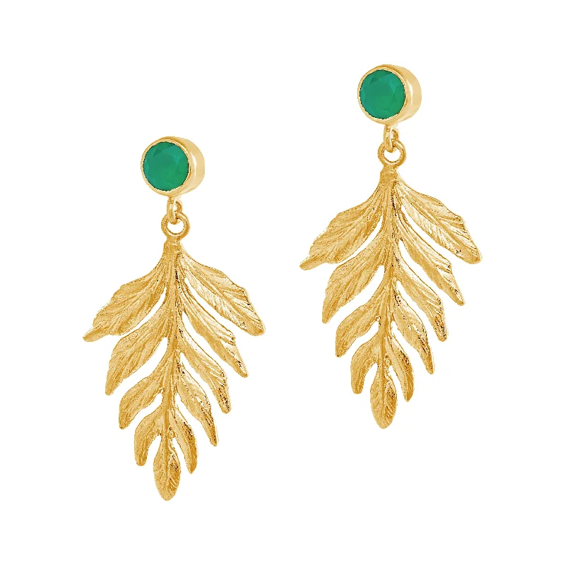 Custom earrings for women -Gold Green Agate Fern Earrings