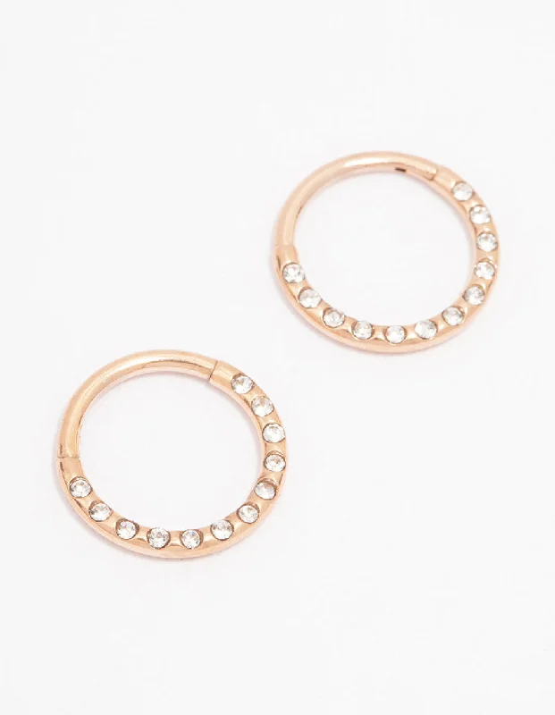 Bridal drop earrings for women -Rose Gold Plated Surgical Steel Pave Hoop Earrings