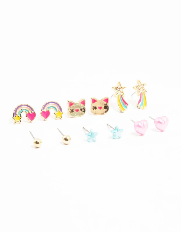 Trendy earrings for women -Kids Gold Cat Celestial Stud Earrings Pack