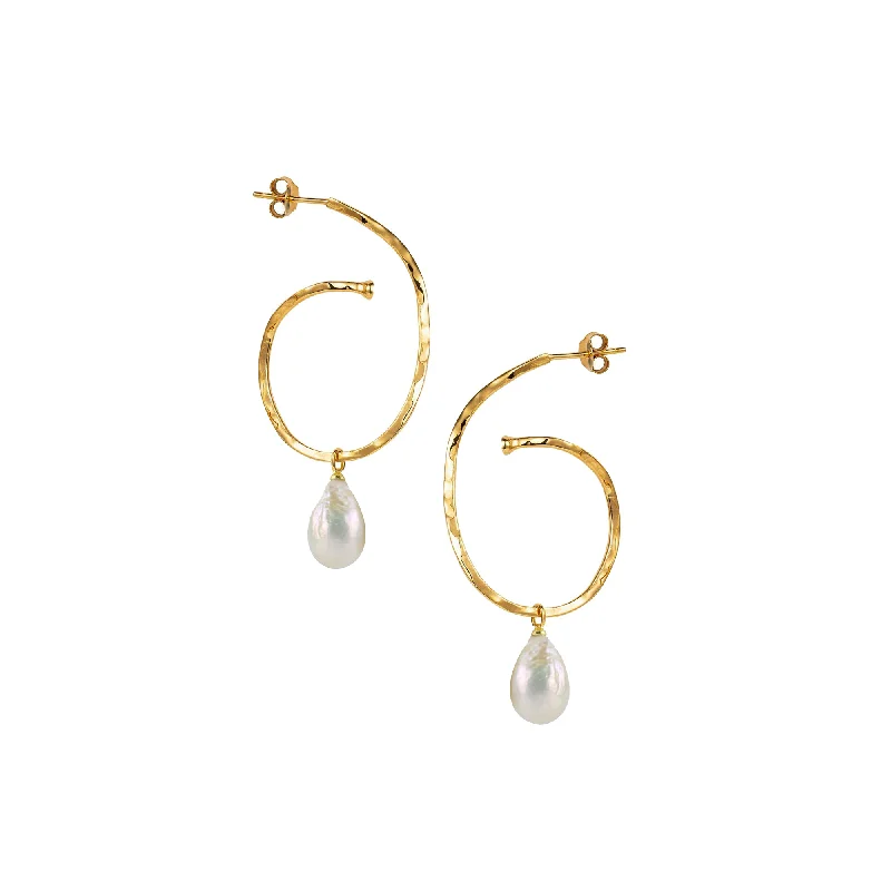 Trendy drop earrings for women -Gold Hammered Swirly Hoop and Pearl Earrings