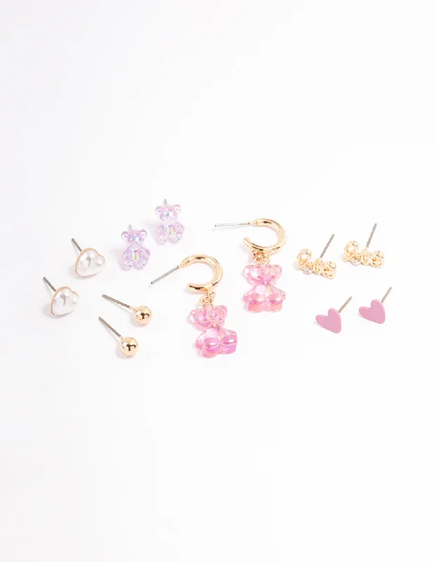 Long drop earrings for women -Gold Pastel Cute Love Earrings 6-Pack