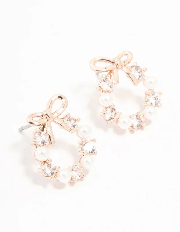 Elegant chandelier earrings for women -Rose Gold Plated Alternating Cubic Zirconia & Freshwater Pearl Bow Stud Earrings