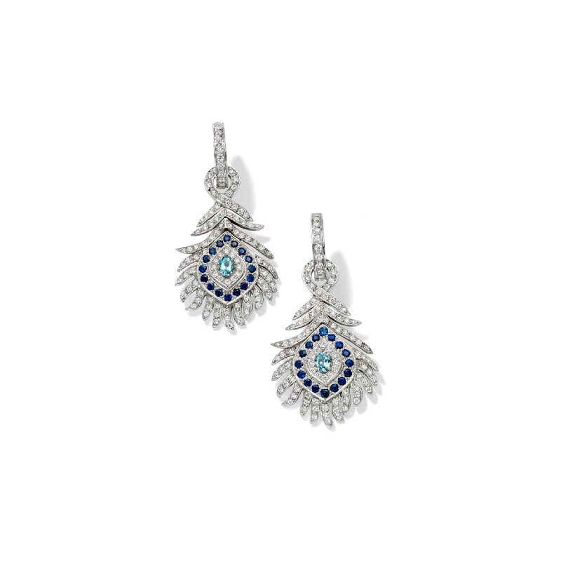 Multi-layered earrings for women -Peacock Octavia Earring Drops 18ct White Gold - Sapphire, Aquamarine and Diamond