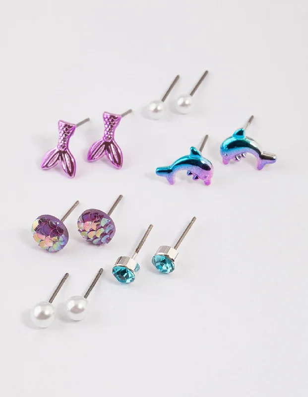 Round stud earrings for women -Kids Silver Dolphin Stud Earrings 6-Pack