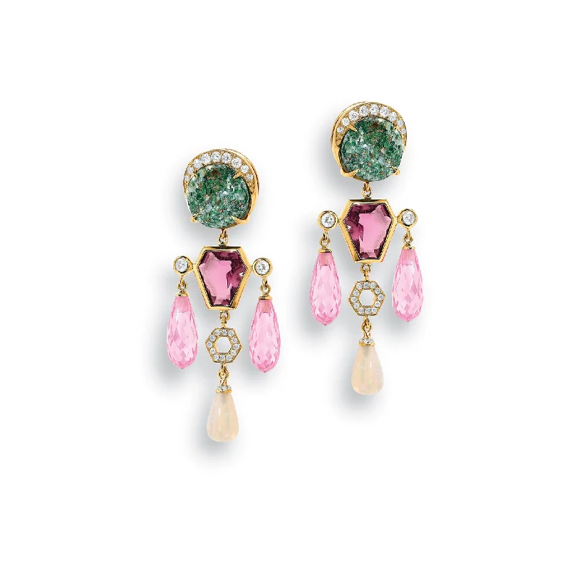 Trendy earrings for women -Flower Crown Earrings 18ct Yellow Gold - Fuchsite, Tourmaline, Opal, Zirkonia & Diamond