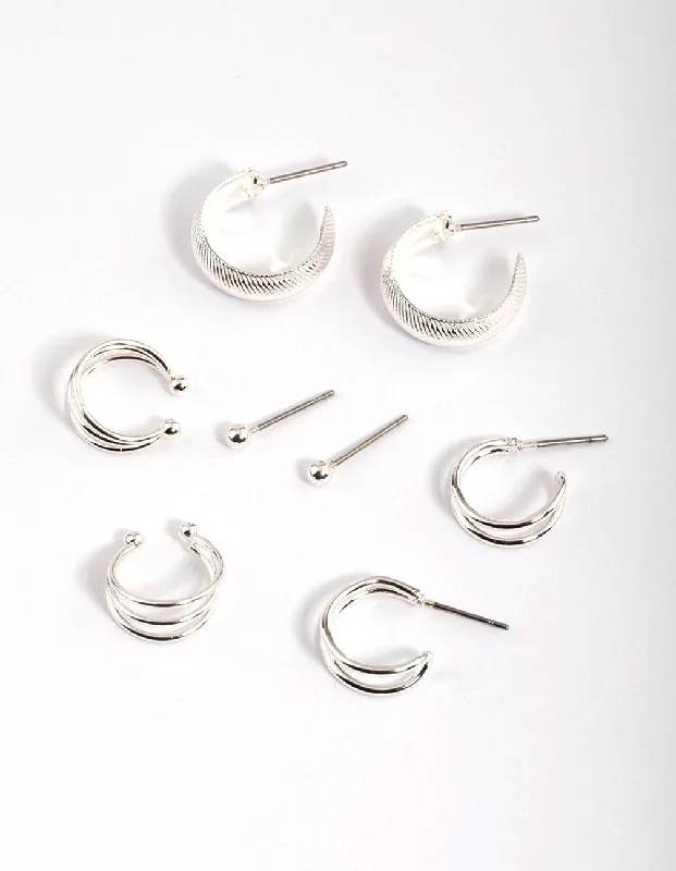 Elegant stud earrings for women -Silver Bevelle & Cuff Earrings 4-Pack