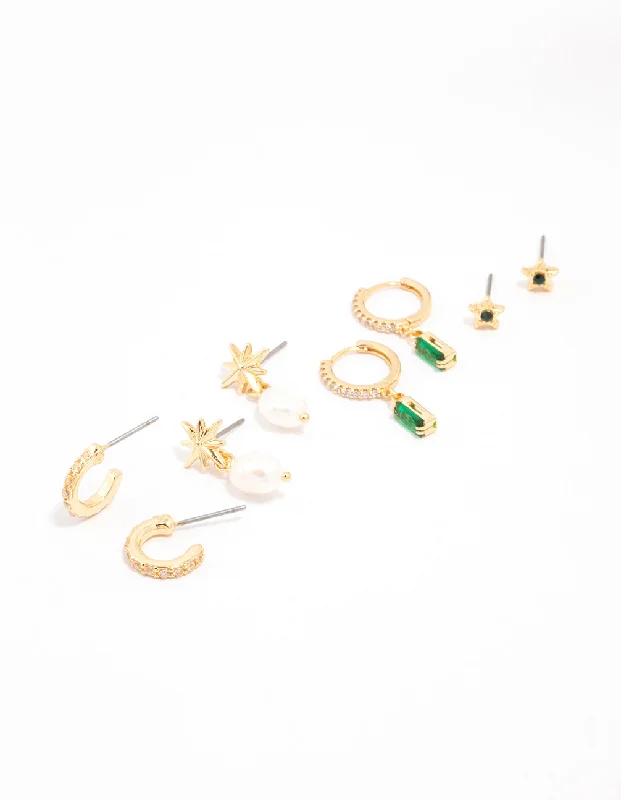 Simple earrings for women -Gold Plated Cubic Zirconia Emerald Baguette Celestial Earrings 4-Pack