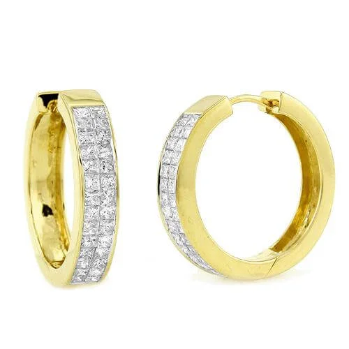 Statement drop earrings for women -14K 1.75CTW PRINCESS CUT DIAMOND INVISIBLE SET HOOPS