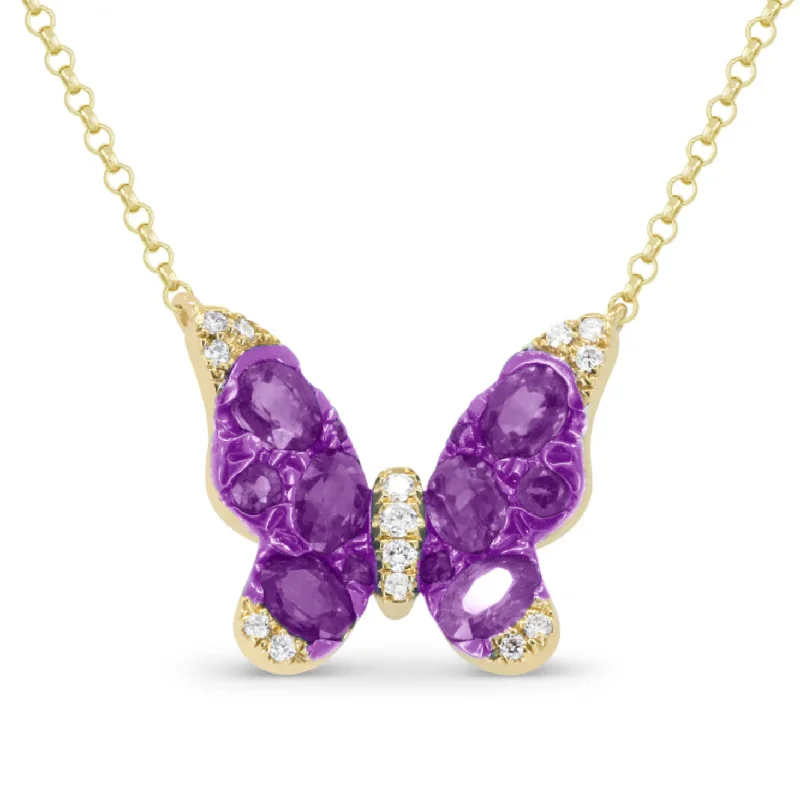 Round pendants for women -14K Yellow Gold Purple Amethyst Butterfly Necklace