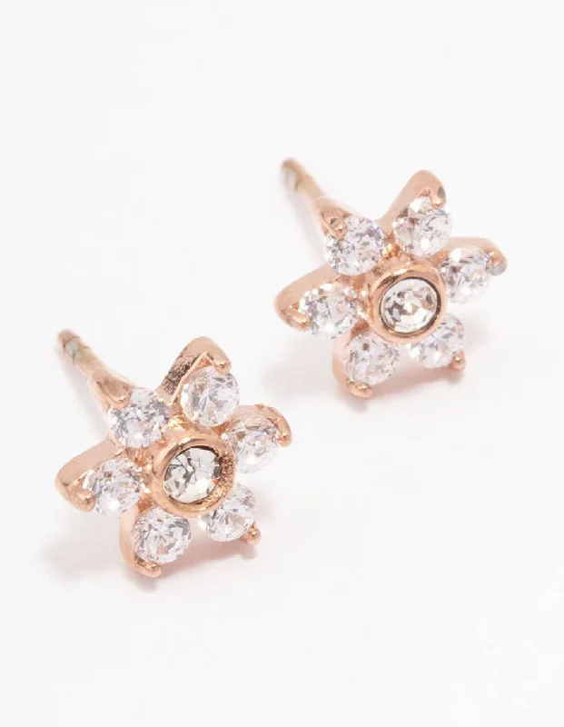 Custom name earrings for women -Rose Gold Plated Surgical Steel Cubic Zirconia Flower Stud Earrings