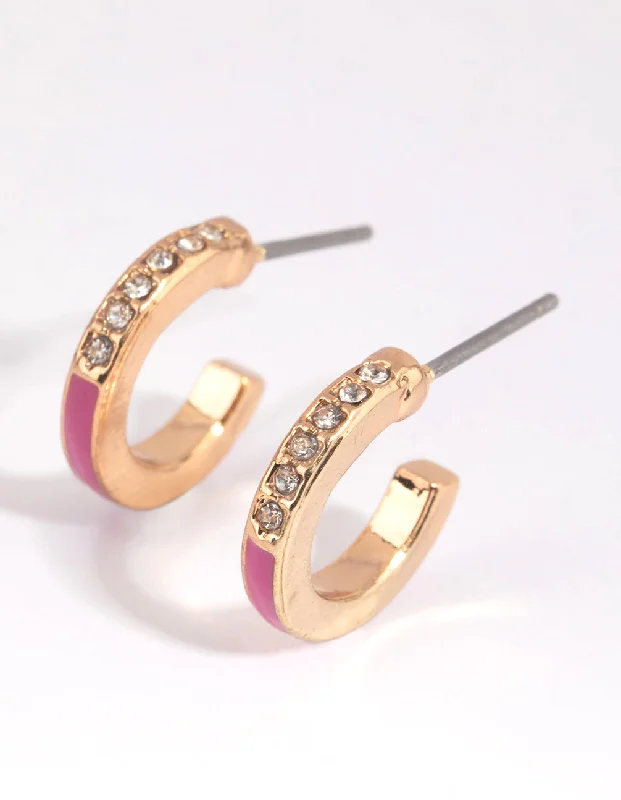 Gold and diamond earrings for women -Pink Diamante Huggie Earrings