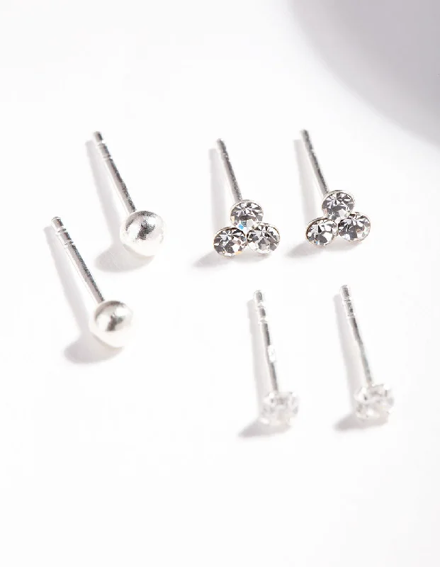 Bridal crystal earrings for women -Sterling Silver Cubic Zirconia Crystal Stud Earring Pack