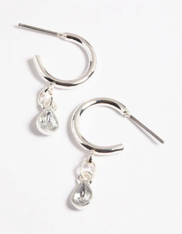 Custom earrings for women -Silver Stone Drop Huggie Earrings