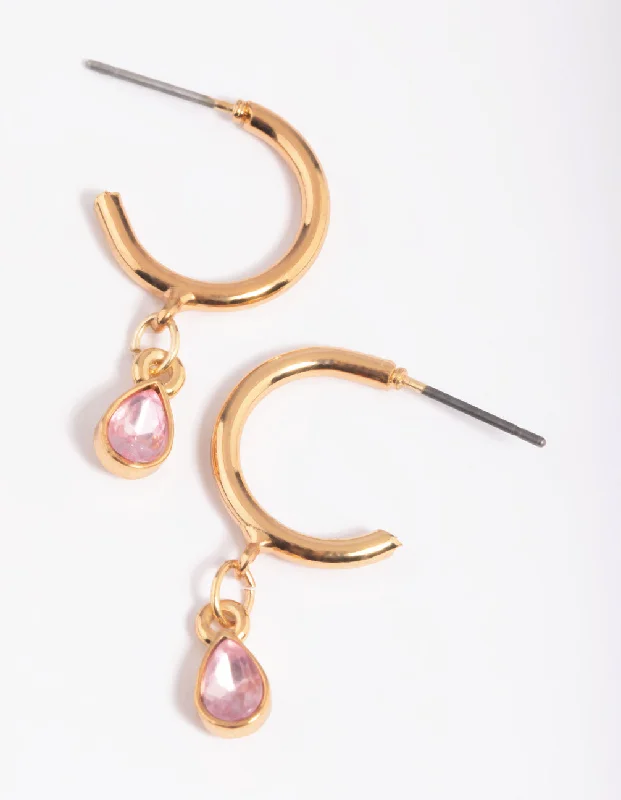 Stylish stud earrings for women -Gold Pink Stone Huggie Hoop Earrings