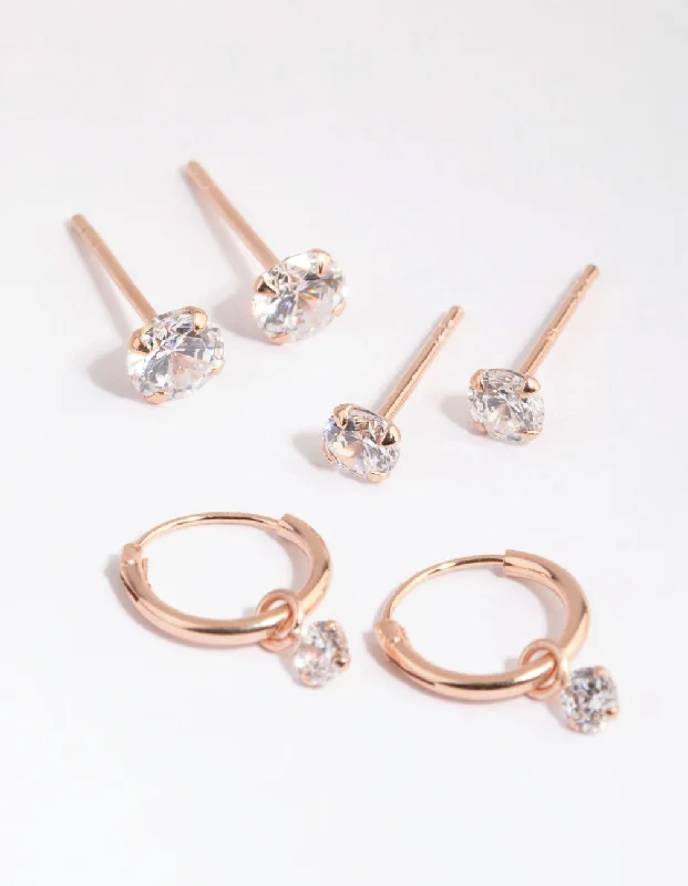 Round stud earrings for women -Rose Gold Plated Sterling Silver Cubic Zirconia Earring Pack