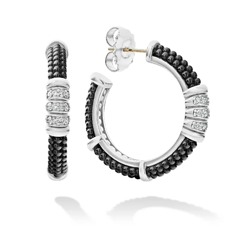 Gemstone stud earrings for women -Black Caviar Ceramic Beaded Diamond Hoop Earrings