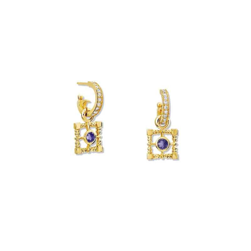 Fashion dangle earrings for women -Mashrabiya Trellis Square Earring Drops Yellow Gold - Iolite