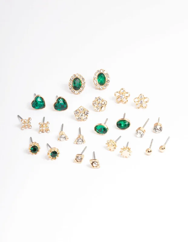 Colored gemstone earrings for women -Gold Geometric Jewel Stud Earring 12-Pack