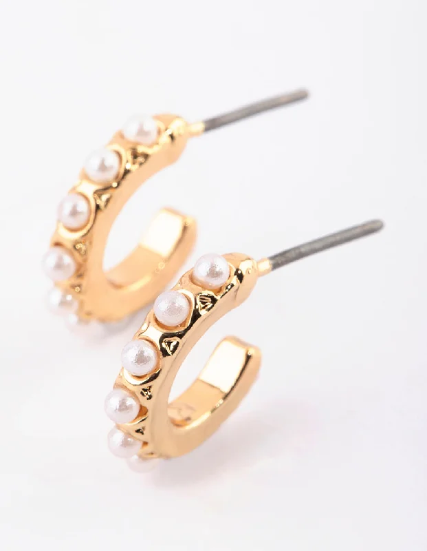 Vintage hoop earrings for women -Gold Pearl Huggie Hoop Earrings