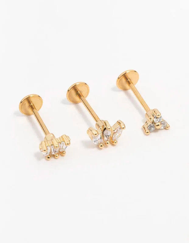 Chunky stud earrings for women -Gold Plated Surgical Steel Flower Crown Flat Backs 3-Pack