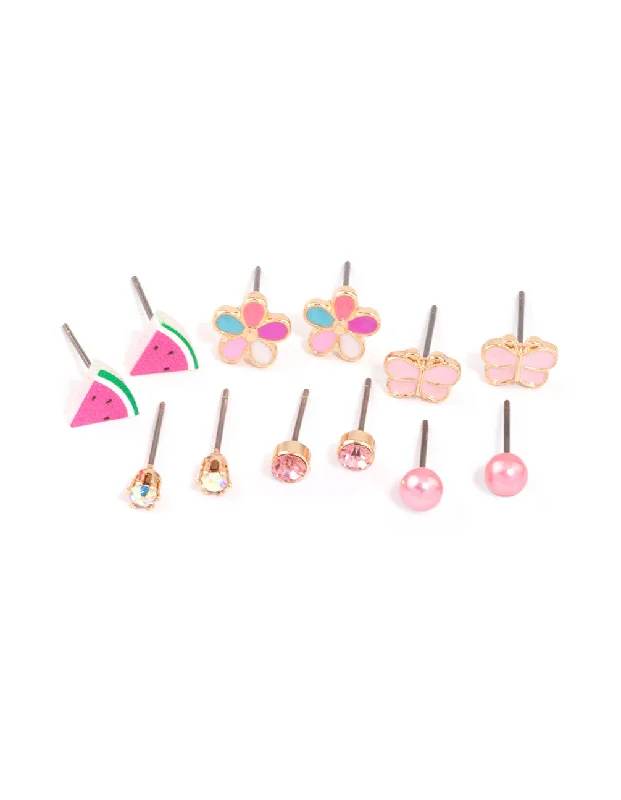 Artistic earrings for women -Kids Pink Watermelon & Flower Stud Earrings 6-Pack