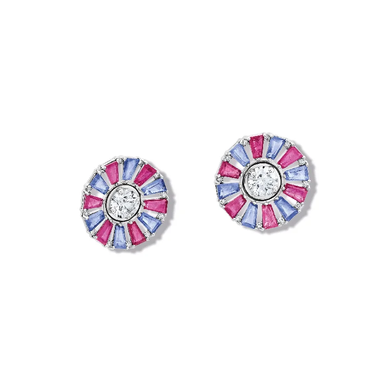 Large statement earrings for women -Roi Soleil Earring Halos 18ct White Gold - Ruby, Sapphire & Diamond