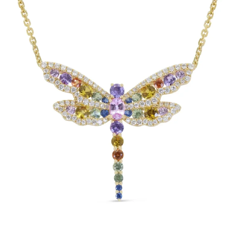 Personalized necklaces for women -14K Yellow Gold Multi-Sapphire & Diamond Dragonfly Necklace