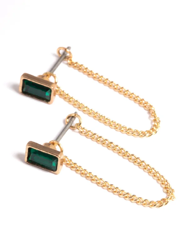 Statement earrings for women -Gold Emerald Chain Front & Back Earrings