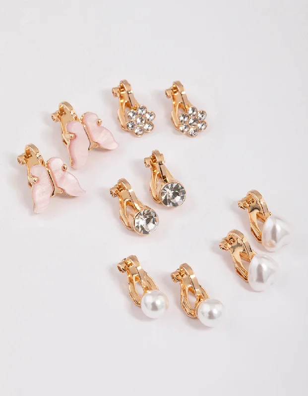 Long drop earrings for women -Gold Garden Motif Clip On Earrings 5-Pack