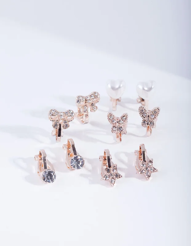 Elegant earrings for women -Kids Rose Gold Diamante Star Butterfly Heart & Bow Clip On Earring 5-Pack