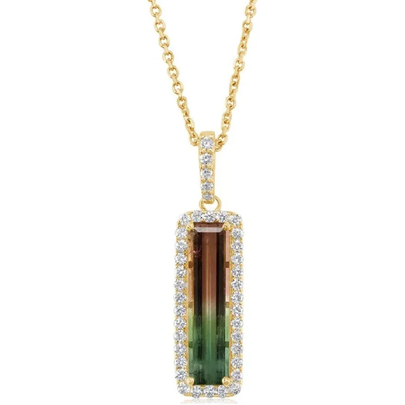 Designer pendant necklaces for women -14K Gold Watermelon Tourmaline & Diamond Halo Pendant