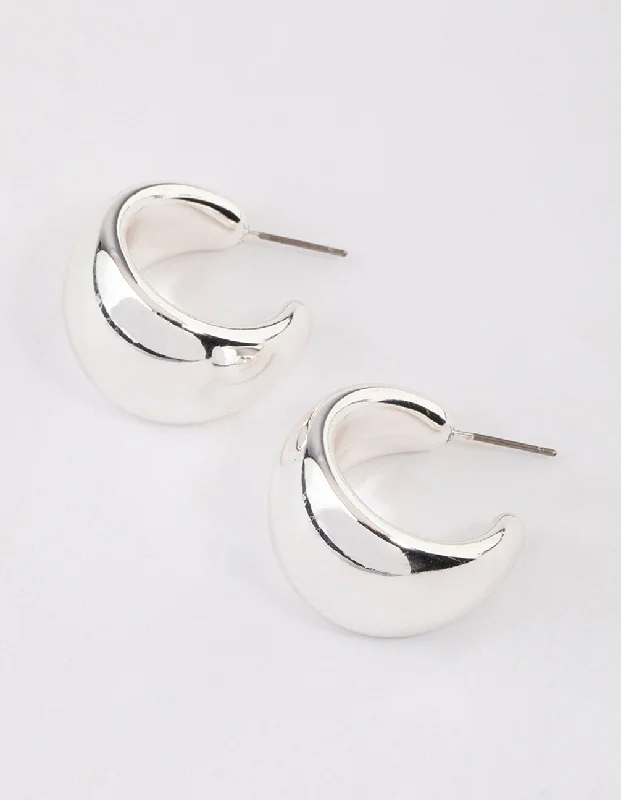 Simple silver drop earrings for women -Silver Wide Chubby Hoop Earrings