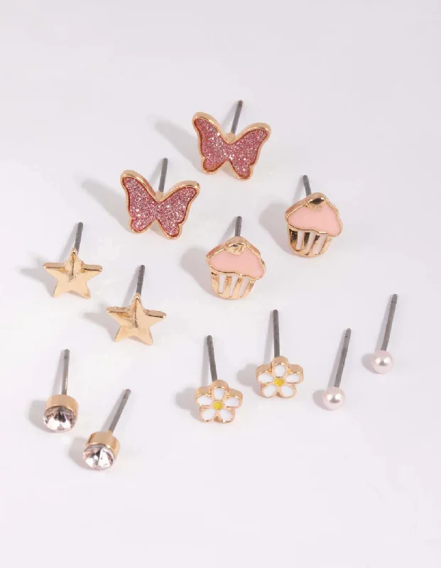 Pearl stud earrings for women -Kids Butterfly Stud Earring 6-Pack